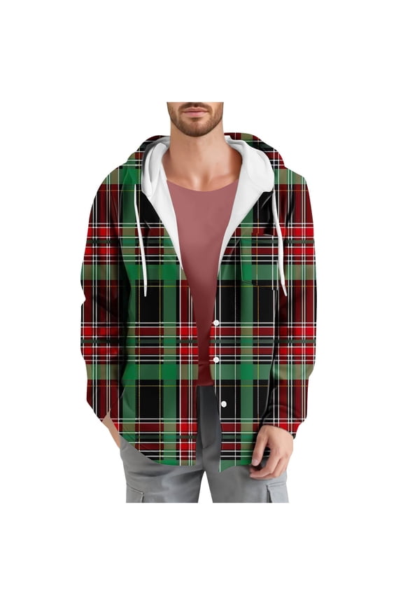 Men's Plaid Jacket Check Print Pocket Long Sleeved Button Hooded Plaid Winter Coats