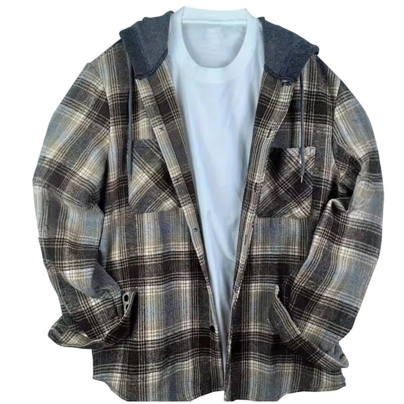 Gmluru Men's Plaid Jacket Leisure Lattice Pocket Button Hooded Thickening Long Sleeves Shirt Plaid Winter Coats