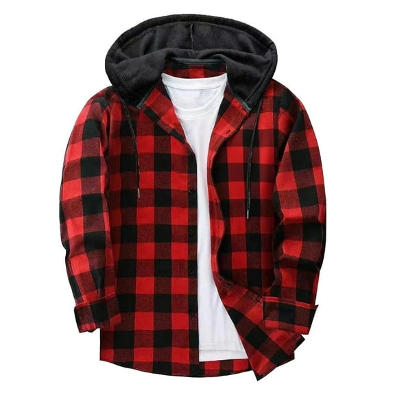 Gmluru Men's Plaid Jacket Patchwork Hooded Button Long Sleeve Shirt Blouse Plaid Winter Coats