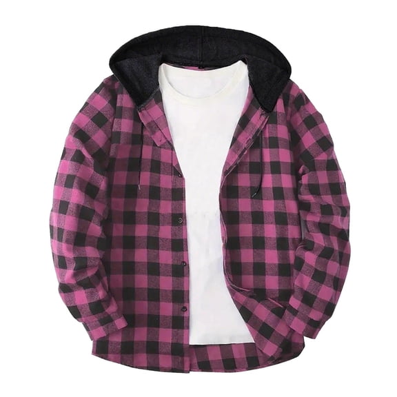 Gmluru Men's Plaid Jacket Patchwork Hooded Button Long Sleeve Shirt Blouse Plaid Winter Coats