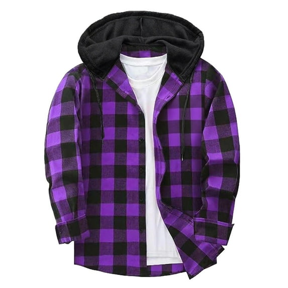 Gmluru Men's Plaid Jacket Patchwork Hooded Button Long Sleeve Shirt Blouse Plaid Winter Coats