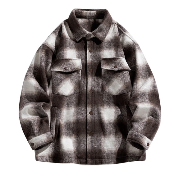 Gmluru Men's Plaid Jacket Solid Color Zipper Pockets Long Sleeve Plaid Winter Coats