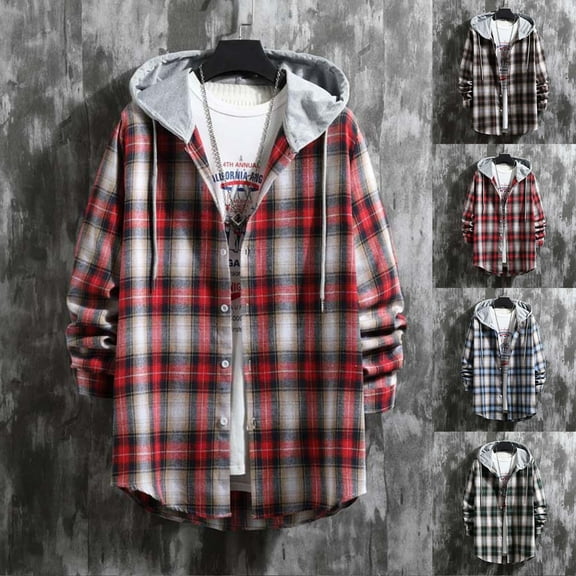 Gmluru Men's Plaid Jacket Versatile Hoodie Basic Classic Scottish Hooded Shirt Long Sleeve Plaid Winter Coats