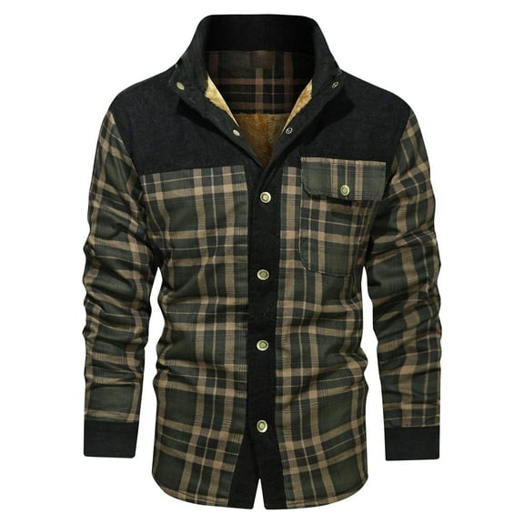 Gmluru Men's Winter Oversize Plaid Jacket Checkered with Button Pockets And Long Sleeves Hooded Stand Up Collar Coat Outwear Plus Size