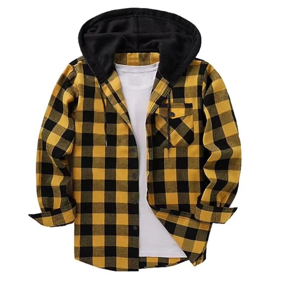 Gmluru Men's Winter Oversize Plaid Jacket Patchwork Hooded Button Long Sleeve Shirt Blouse Coat Outwear Plus Size