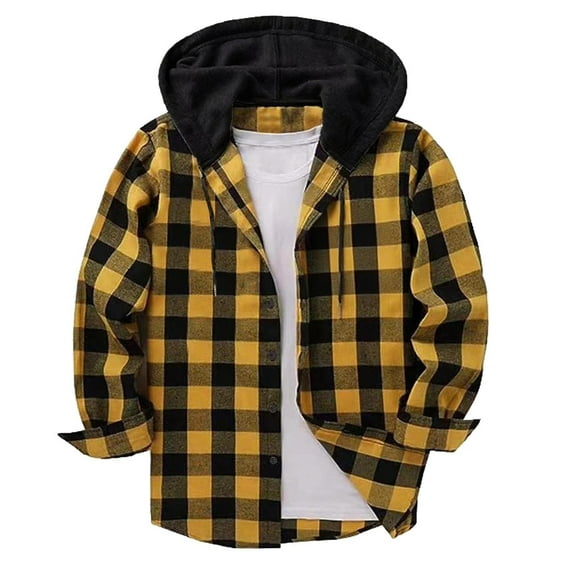 Gmluru Men's Winter Oversize Plaid Jacket Patchwork Hooded Button Long Sleeve Shirt Blouse Coat Outwear Plus Size