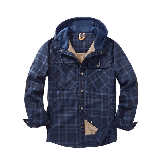Gmluru Mens Flannel Shirts Button Opening And Closing Fleecing Long Sleeve Hooded Plaid Flannel Coat