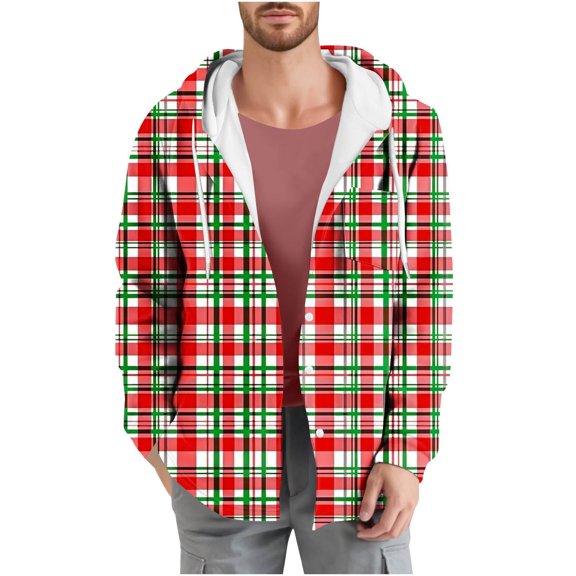 Gmluru Mens Flannel Shirts Check Print Pocket Long Sleeved Button Hooded Plaid Flannel Coat