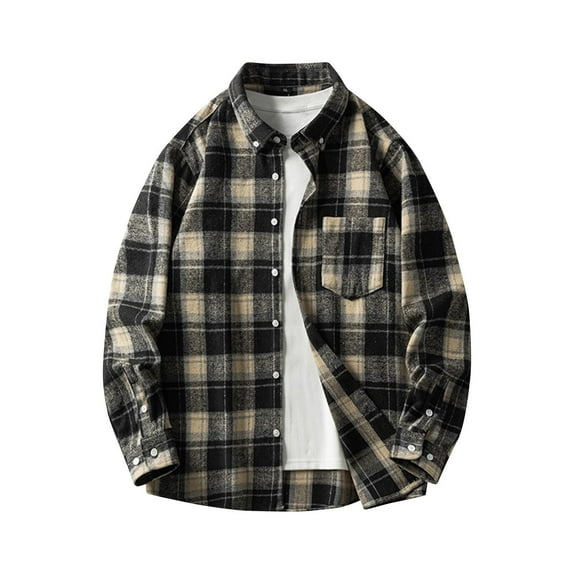 Gmluru Mens Flannel Shirts Loose Youth Long Sleeve Shirt Plaid Flannel Coat