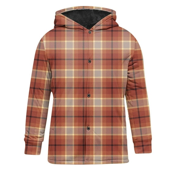 Gmluru Mens Jacket Plaid 2025 Checkered Printed with Hooded Fleece Long Sleeved Hooded Coat Outwear Plus Size