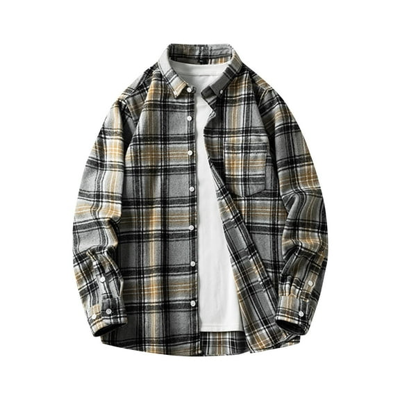 Gmluru Mens Jacket Plaid 2025 Loose Youth Long Sleeve Shirt Coat Outwear Plus Size