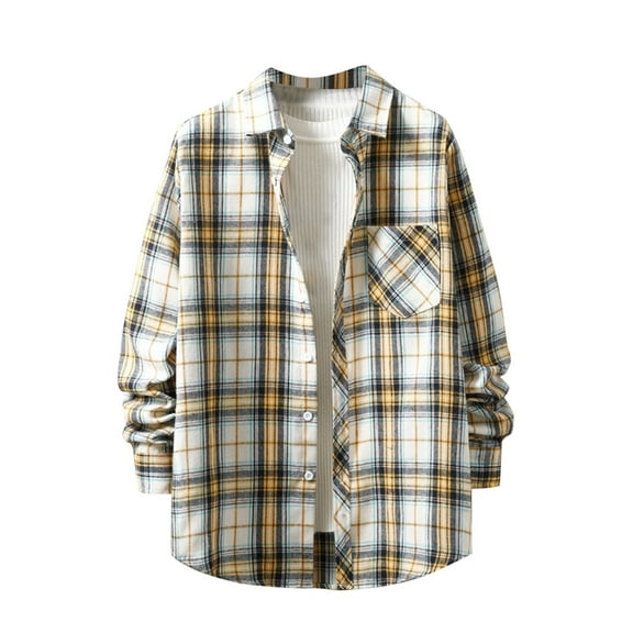 Gmluru Mens Jacket Plaid 2025 New Loose Youth Long Sleeve Shirt Coat Outwear Plus Size