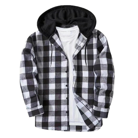 Gmluru Mens Jacket Plaid 2025 Patchwork Hooded Button Long Sleeve Shirt Blouse Coat Outwear Plus Size