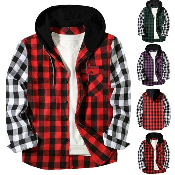 Gmluru Mens Jacket Plaid 2025 Patchwork Hooded Button Long Sleeve Shirt Blouse Pocket Coat Outwear Plus Size