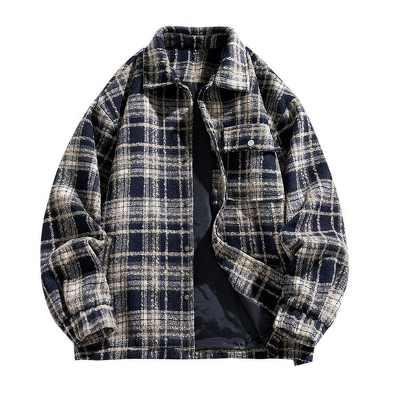 Gmluru Mens Jacket Plaid 2025 Woolen Snap Button Long Sleeved Lapel Hooded top Coat Outwear Plus Size
