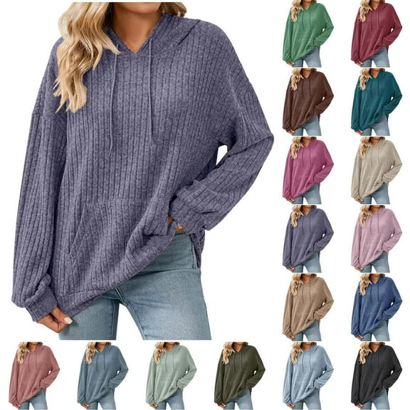 Gmluru Oversized Hoodies For Women Long Sleeves Loose Solid Color Pocket Drawstring Lightweight Pullover Tops Purple S
