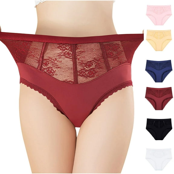 Gmluru Sexy Underwear For Women Solid Color High Waisted Lace Ice Silk Red Breathable Comfortable Panties L