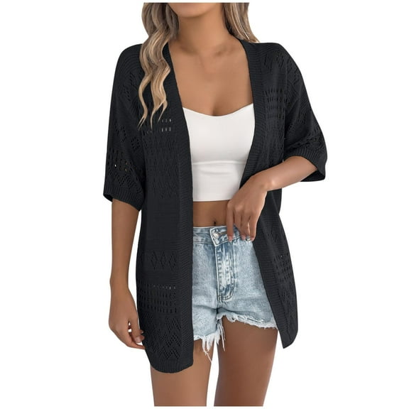 Gmluru Summer Cardigans For Women Lightweight Casual Oversize Solid Color Hollow Out Mid Sleeve Knitted Tops Coat Black S