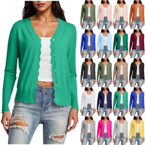 Gmluru Summer Cardigans For Women Lightweight Long Sleeve V-Neck Short Solid Color Knitted Button Hoodless Casual Outwear Mint Green XL