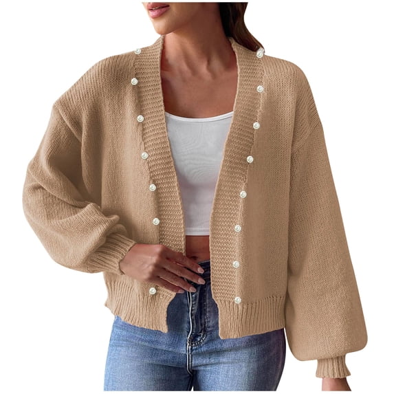 Gmluru Summer Cardigans For Women Lightweight Solid Color-Neck Fall And Winter Loose Sweater Long Sleeve Top Coat Khaki XL
