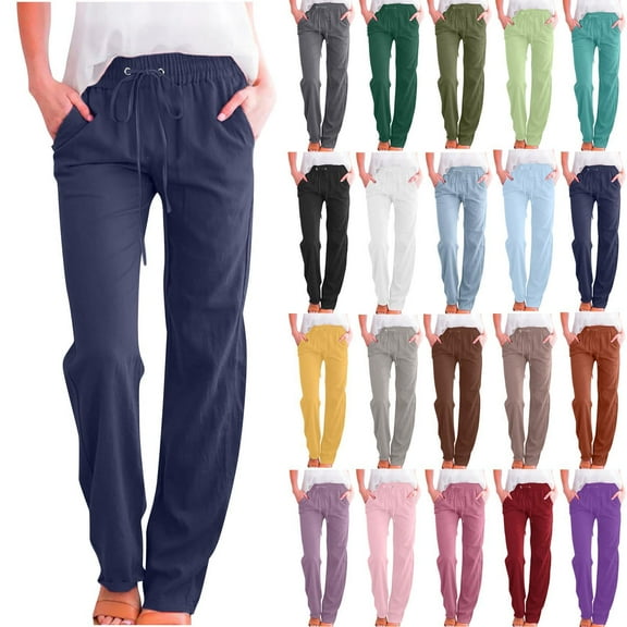 Gmluru Wide Leg Pants Woman Dressy Solid Color Drawstring Cotton And Linen Elastic Trousers with Pocket Stretch Loose Casual Jeans Dark Blue S-5XL