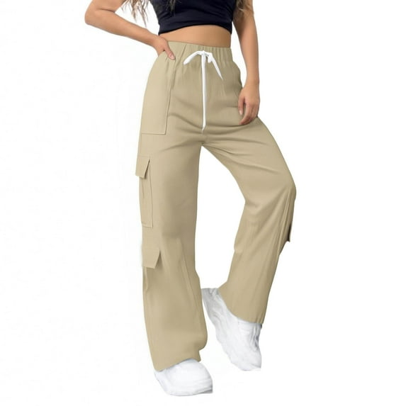 Gmluru Wide Leg Pants Woman Dressy Solid-Color Straight-Button Pocket Stretch Loose Casual Sweatpants Khaki L