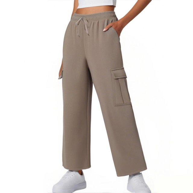 Gmluru Wide Leg Pants Woman Dressy Solid Color Wide-Leg Elastic-Waistband Pocket Stretch Loose Casual Sweatpants Khaki-A S-3XL