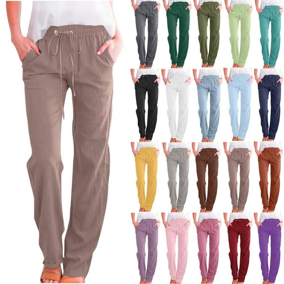 Gmluru Wide Leg Pants Women's Solid Color Drawstring Cotton And Linen Elastic Trousers with Pocket Business Work Long Straight Pants Brown S-5XL