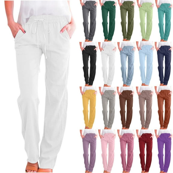 Gmluru Wide Leg Pants Women's Solid Color Drawstring Cotton And Linen Elastic Trousers with Pocket Business Work Long Straight Pants White S-5XL