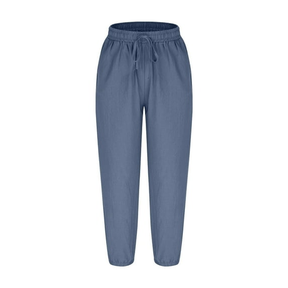Gmluru Wide Leg Pants Women's Solid Pockets Drawstring Pant Elastic Waist Business Work Long Straight Pants Blue S