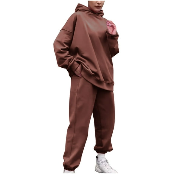 Gmluru Women 2 Piece Outfits Sweatsuit Oversized Solid Color Long Pants Hooded Pullover Long Sleeve Sweatshirts Sets Plus Size Travel Clothes Tracksuit Brown L