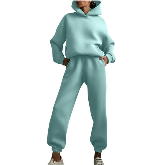 Gmluru Women 2 Piece Outfits Sweatsuit Oversized Solid Color Long Pants Hooded Pullover Long Sleeve Sweatshirts Sets Plus Size Travel Clothes Tracksuit Mint Green 2XL