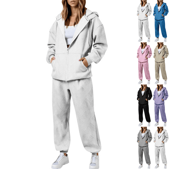Gmluru Women 2 Piece Outfits Sweatsuit Oversized Solid Color Zippered Cardigan Sweater Straight Leg Pants Set Plus Size Travel Clothes Tracksuit White XL