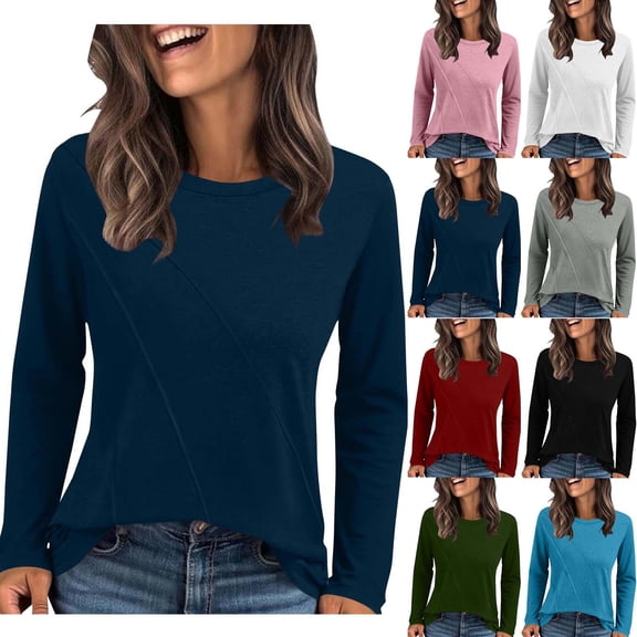 Gmluru Women Blouses Casual Solid Round Neck Loose Striped Long Sleeved T-Shirt Plus Size Basic Tops Navy S-2XL