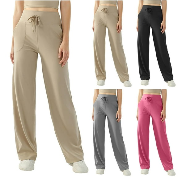 Gmluru Women High Waist Yoga Pants Khaki Casual Elastic-waist Loose Casual Long Tummy Control XL