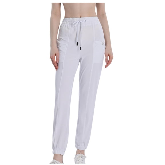 Gmluru Women High Waist Yoga Pants White Solid Color Fallow Ventilate Lace-up Pocket Elastic Exercise Running Tummy Control S