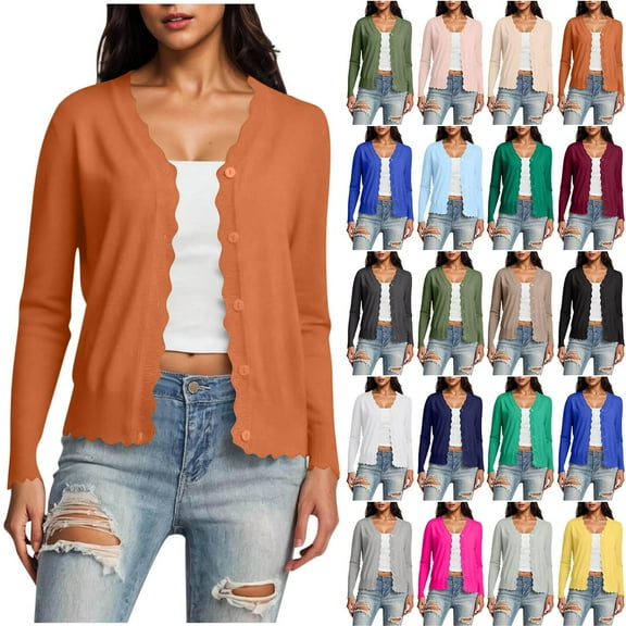 Gmluru Women'S Lightweight Cardigan Long Sleeve V-Neck Short Solid Color Knitted Button Hoodless Casual Outwear Orange L
