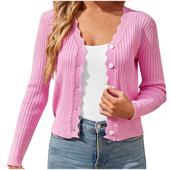 Gmluru Women'S Lightweight Cardigan Solid Color Button Up Long Sleeved Hot Pink 2XL
