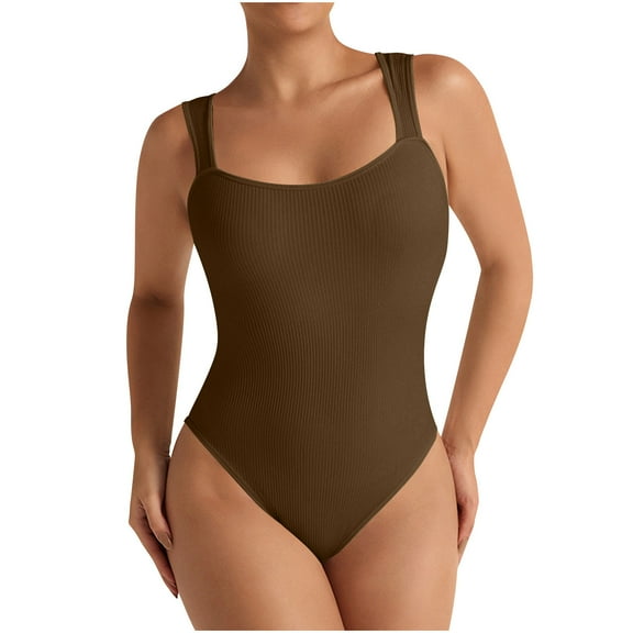 Gmluru Women Shapewear Tummy Control Bodysuit Sexy Tight Fitting Casual Solid Yoga Jumpsuit Shorts Corset Coffee S-L