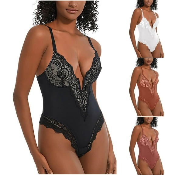 Gmluru Women Shapewear Tummy Control Bodysuit Solid Color V-Neck Lace Camisole Waist Lift Buttocks Crotch Buckle Bodysuit Black S-3XL