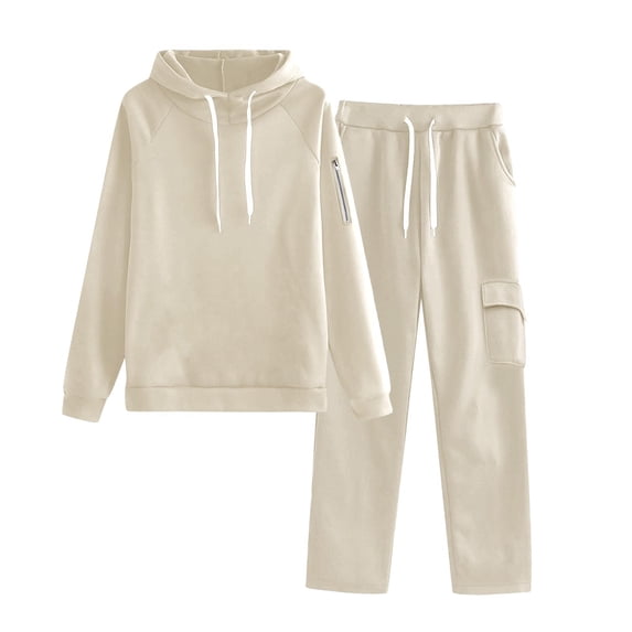 Gmluru Women's 2 Piece Set Solid Color Crew Neck Long Sleeved Trousers and Tight-Waist Hoodie Suit Plus Size Lounge Sets Winter Beige S-3XL