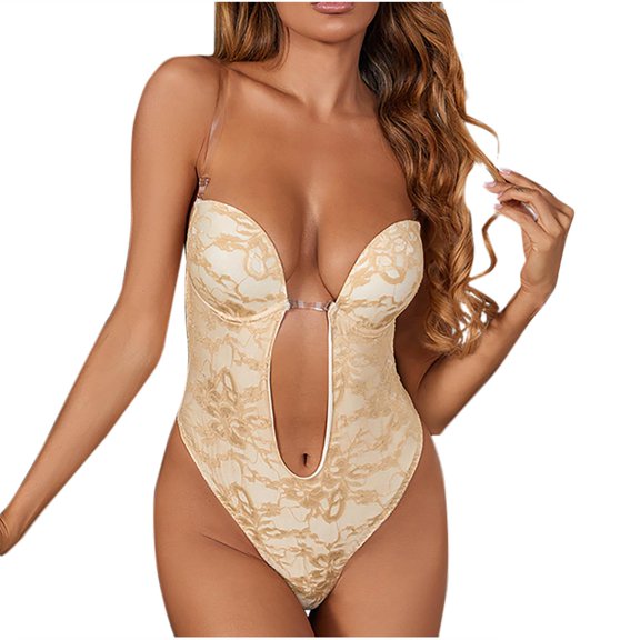 Gmluru Women's Bra Free Bodysuits Thin Style Lace Sexy Transparent Shoulder Strap Chest Support Bodysuit Beige Tummy Control Shapewear S-XL