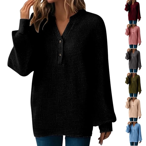 Gmluru Women's Casual Blouses Business Work Tops Solid Color Button V-Neck Casual Pullover Hooded Drawstring Shirts 2025 Fall Outfits Black S-2XL