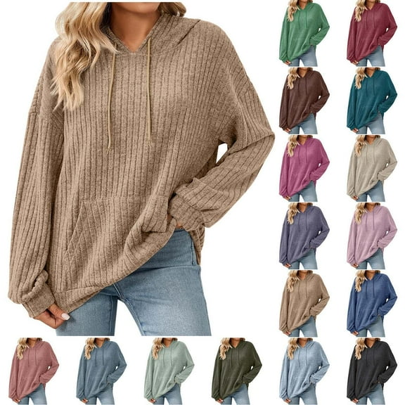 Gmluru Women's Casual Pocket Hoodies Long Sleeves Loose Solid Color Pocket Drawstring Pullover Tops Khaki M