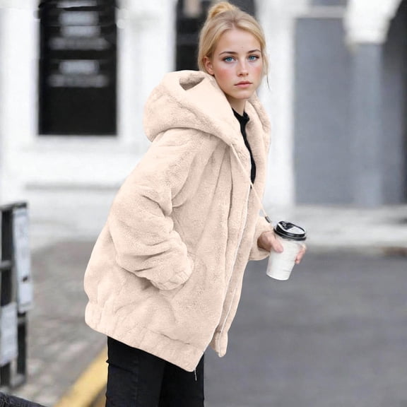 Gmluru Women's Coats Fleece Solid Color Zipper Up Stand Collar with Pockets Hoodless Sweatshirt 2025 Winter Fashion Clothes Beige S-3XL