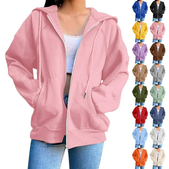 Gmluru Women's Hoodies Sweatshirts Cute Blouse Long Sleeve Pockets Hoodied Shirts with Pocket Pink S