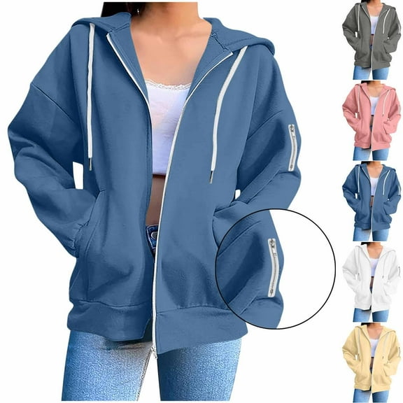 Gmluru Women's Hoodies Sweatshirts Cute Loose Long Sleeve Blouses Zipper Pocket Weatshirt Shirts with Pocket Navy M