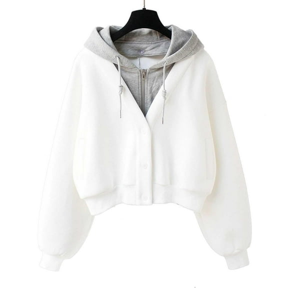 Gmluru Women's Jacket Casual Coat Solid Color Velvet Long Sleeved Zipper Cardigan Pocket Hooded Fake Two-Piece Hoodie Top Outwear Coats White M