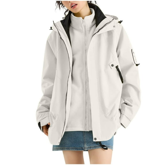 Gmluru Women's Long Hooded Rain Jacket Solid Color Long Sleeve Round-Neck Blouses Button Leisure Outdoor Raincoat Windbreaker Plus Size White Xs-4XL