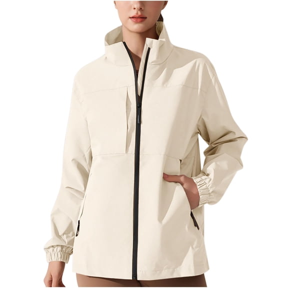 Gmluru Women's Long Rain Jacket Long Sleeve with Ribbed Cuffs Stand-Collar Stylish Hoodless Jack Outdoor Raincoat Windbreaker White M-4XL